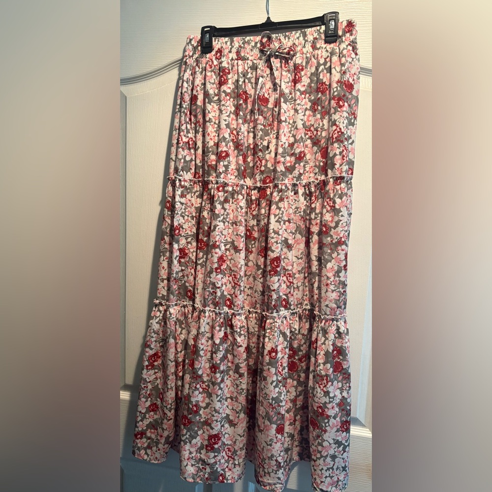 Amazon Floral Tiered Maxi Skirt in Pink and Red